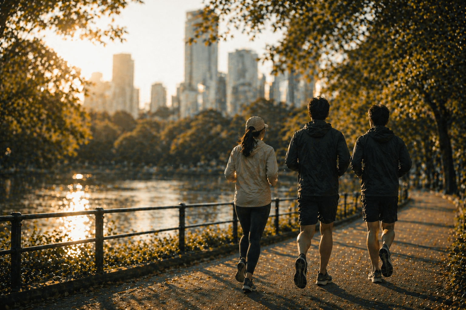 夕方の東京の公園を街並みに向かって走る三人のランナー
