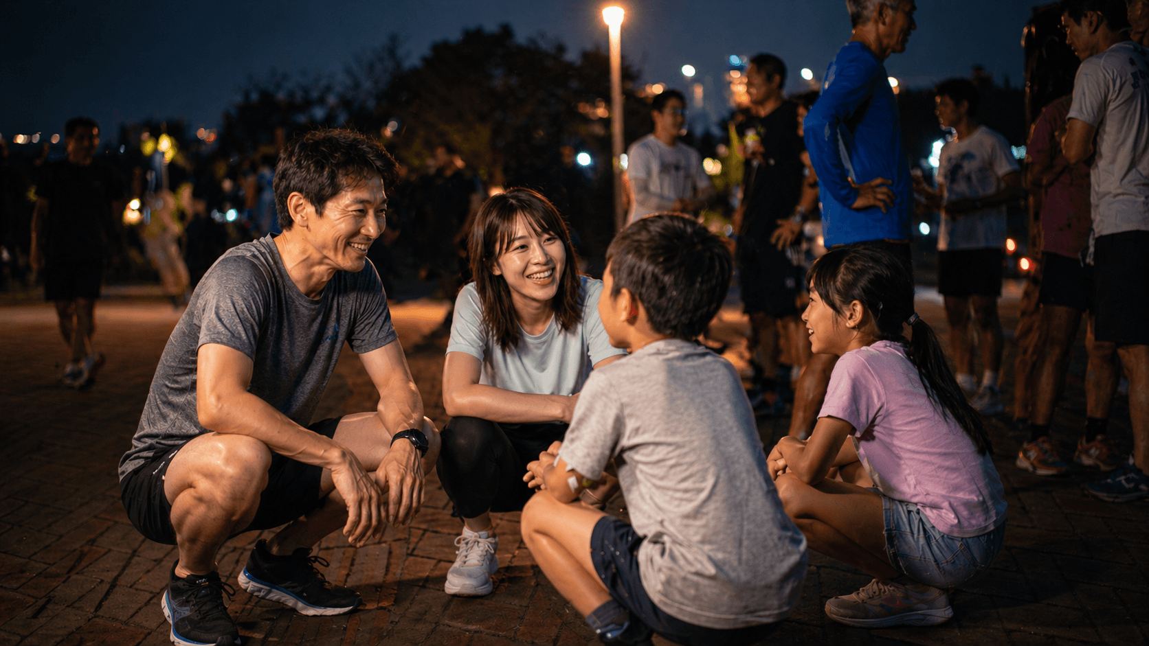 夜の公園で走り終わったあとに家族と笑顔で会話する参加者たち