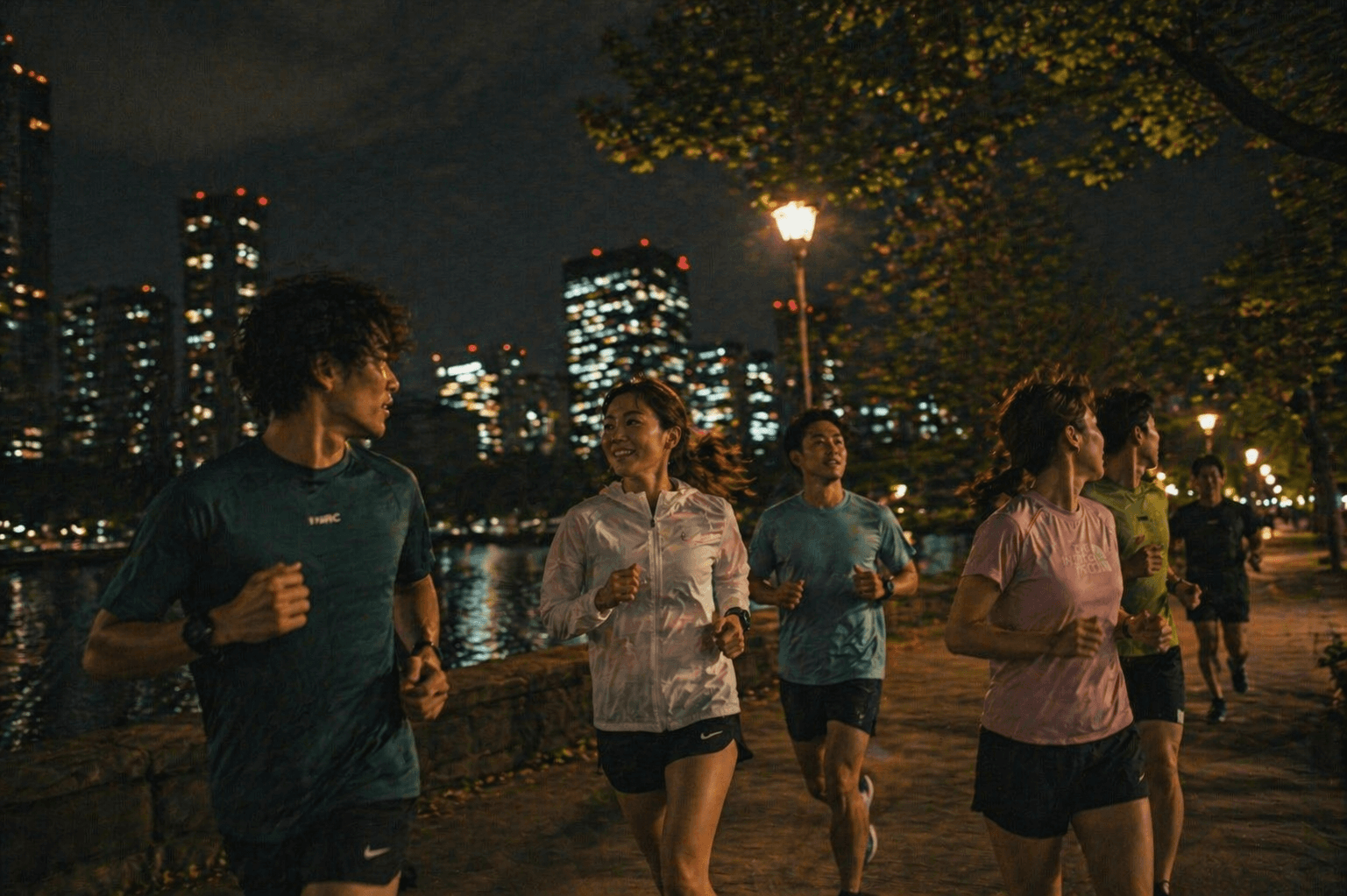 夜の東京の水辺を街明かりの中で走るランナーたち