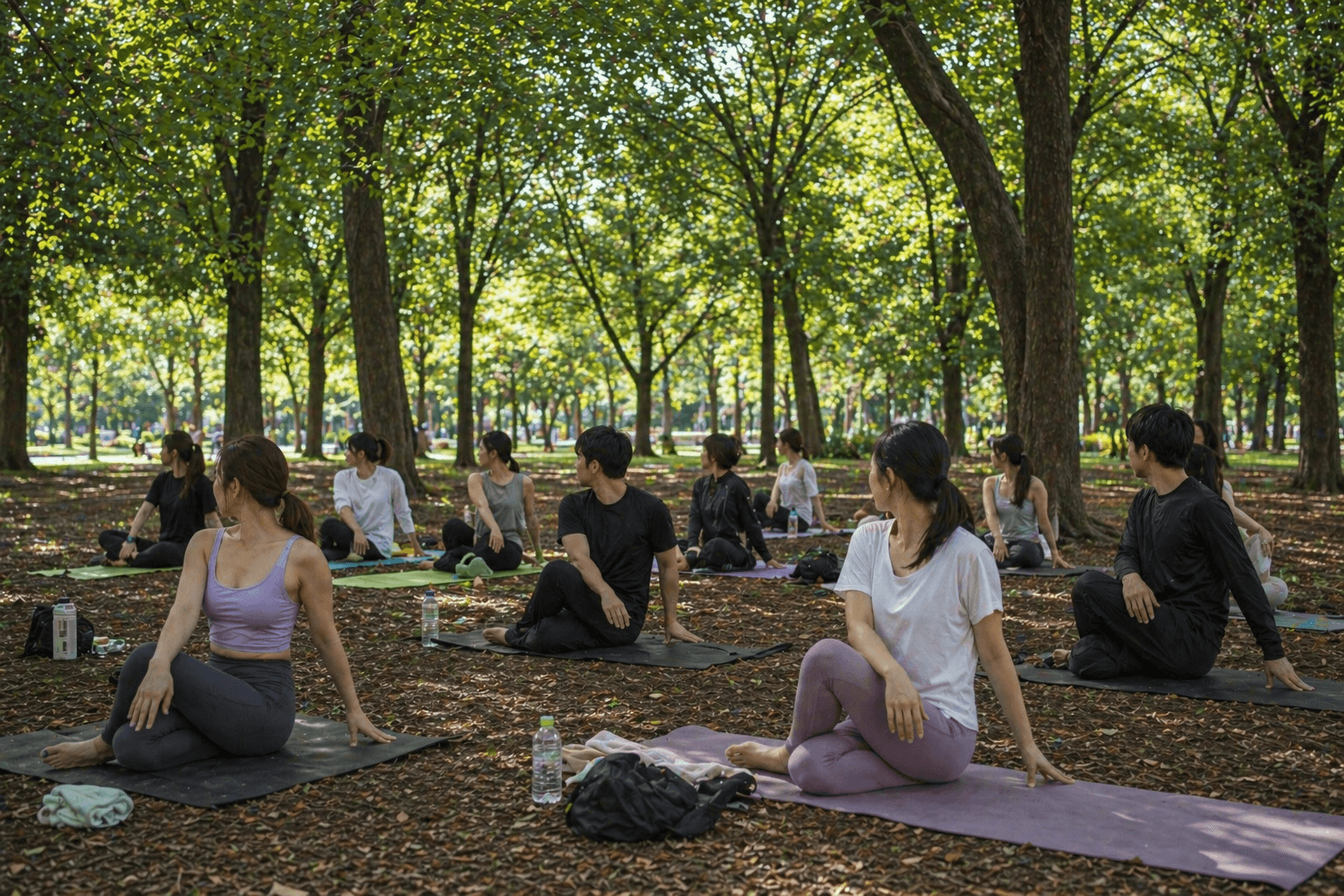 公園の木々の下でランニング後に体を整える参加者たち